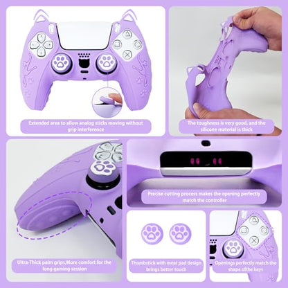 Purple Cat Ear PS5 Controller Cover - Cute Silicone Skin with Cat & Paw Prints + 2 Matching Lavender Cat Paw Thumbstick Caps | Kawaii Grip for PlayStation 5 - color: Lavender Purple