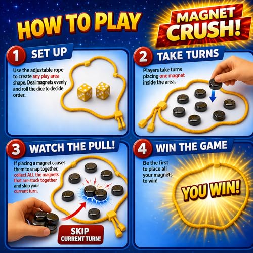 Magnet Crush Magnetic Strategy Board Game for Kids & Adults, Fun Tabletop Magnet Placement Game, STEM Educational Toy, Family Party Game, Travel Game, Puzzle Brain Teaser, Gift for Ages 9+
