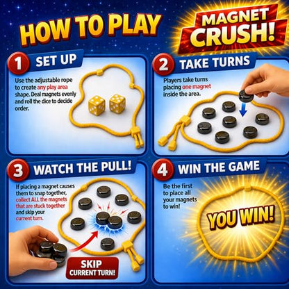 Magnet Crush Magnetic Strategy Board Game for Kids & Adults, Fun Tabletop Magnet Placement Game, STEM Educational Toy, Family Party Game, Travel Game, Puzzle Brain Teaser, Gift for Ages 9+