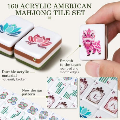 160 Acrylic American Mahjong Tile Set for Beginners, Mah Jong Lovers | 1.2” 2026 New Premium Green Tiles, Mahjong Set with Carrying Bag and Accessories, 3D Engraved 4 Layer Mahjong Tiles - color: Green