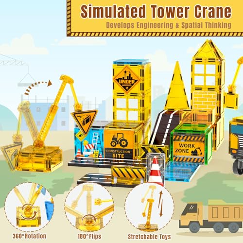 SKTMYY Magnetic Tiles for Kids, Construction Toys with Crane Road Truck Magnets Building Blocks Gifts for Kids Ages 3-5 4-8 Montessori Preschool Educational STEM Toy Gifts for 3+ Years Old Boys - style: Construction Magnetic Tiles
