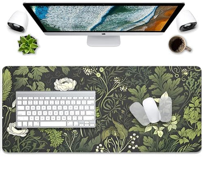 Sage Green Floral and Plant Desk Pad Mouse Pad,Large Gaming Mouse Mat with Stitched Edges,Non-Slip Waterproof Rubber Base Mous Mat for Office Computer Keyboard Laptop Home(27.5X11.8 in) - color: Botanical Art Nouveau