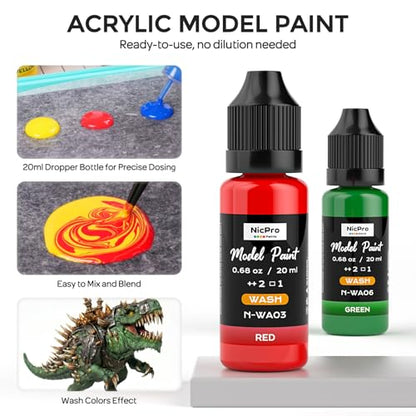 Nicpro 10 Colors Acrylic Model Wash Paint Set, 20ml Ready to Use Washes, Brush & Airbrush Compatible Miniature Paint Set for Models, Wargaming Figures, Dioramas, Terrain & Weathering, with 1 Thinner - style: Wash Color