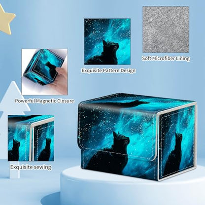 for MTG Commander Deck Box,Card Deck Box for Trading Yugioh MTG,Fits 100 Double Sleeved Cards,PU Leather Strong Magnet Case for Magic Commander TCG CCG,Black Glitter Cat - color: Black Glitter Cat
