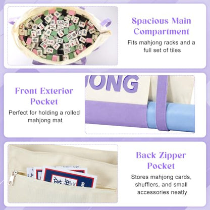 Abbylike 28x9 Inches Mahjong Bag for Rolled Mat Tiles Racks Pushers Accessories Empty Mahjong Tote Bag with Zipper Closure Outer Pockets Lining Large Capacity(Beige&Purple,Canvas) - color: Beige&purple
