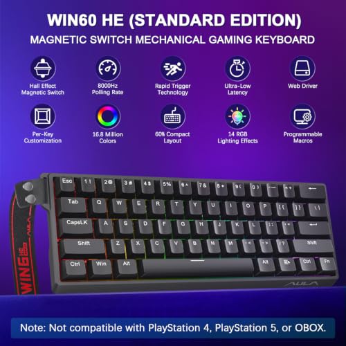 WIN60 HE 60% Mechanical Keyboard Wired, Hall Effect Gaming Keyboard Magnetic Switch Hot Swappable, Adjustable Actuation Rapid Trigger 8000Hz Polling Rate, RGB Keyboard - color: Black
