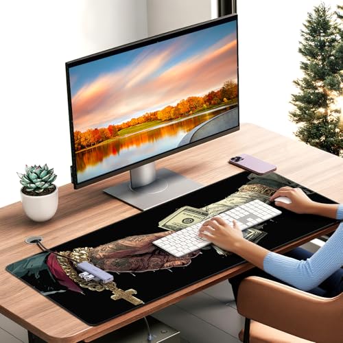 Extended Gaming Mousepad with Cross and Dollar Bill Designs, 35.4 x 15.7 inches, Featuring a Non-Slip Base and Waterproof Surface, Suitable for Home Office and Work environments. - color: With Us Dollar and Cross Design