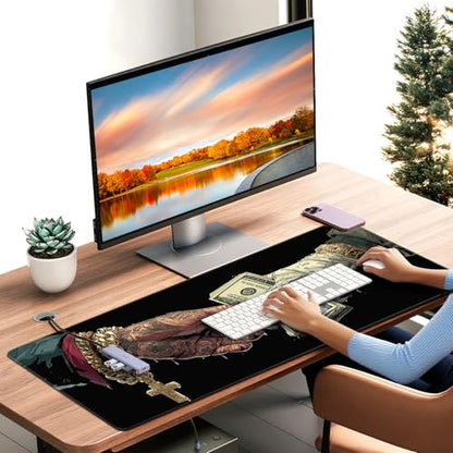 Extended Gaming Mousepad with Cross and Dollar Bill Designs, 35.4 x 15.7 inches, Featuring a Non-Slip Base and Waterproof Surface, Suitable for Home Office and Work environments. - color: With Us Dollar and Cross Design