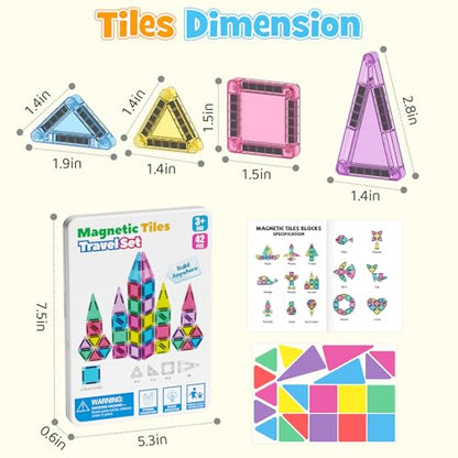 42PCS Mini Magnetic Tiles Travel Set with Iron Storage Box - Portable STEM Building Blocks for Kids 3-8, Montessori Educational Magnet Toys for Airplane, Car Rides & On-The-Go Play | Portable Montessori educational magnetic building tiles for airplane, ca