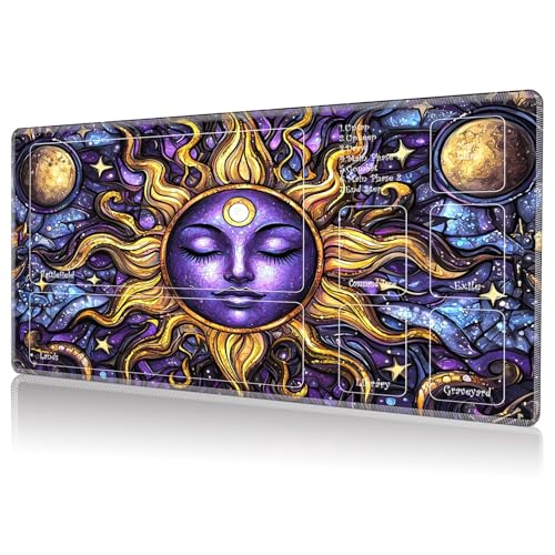 Playmat for MTG, Game Play Mat with Zones for MTG TCG Card Game Playing 24 x 14 inches Trading Card Game Playmats Non-Slip Rubber Base and Stitched Mousepad Desk Mats, Art Sun - color: Art Sun, size: Zones