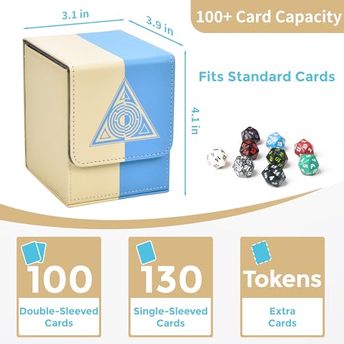 Card Deck Box with 2 Dividers, MTG Commander Deck Box Holds 100+ Double-Sleeved Cards, Leather Magnetic Deck Case Compatible with Magic TCG CCG Cards, White/Blue - color: 1. White & Blue, size: 100 Double-sleeved Cards Vertical