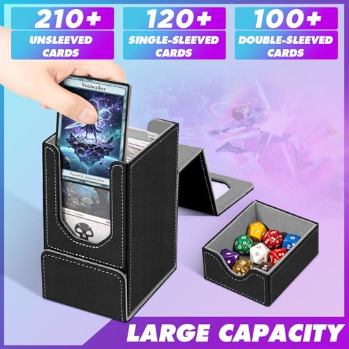 Card Deck Box for MTG Commander, Fits 100+ Double-Sleeved Cards Card Case | with Detachable Dice Tray, 2 Dividers, Removable lid, Trading Card Storage Box, Sturdy and Durable, Fits TCG/PTCG/Sports Card - color: Black and Light Gray