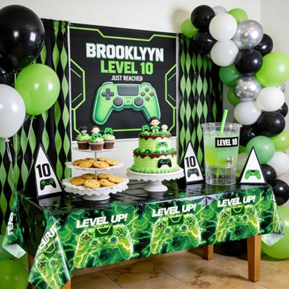 4 Pcs Video Game Tablecloths, Green and Blue Game Birthday Party Decorations Table Cloth for Kids Gaming Night Birthday Party Supplies, 51 x 86 in