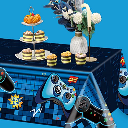 Video Game Rectangular Tablecloth, 3 Pcs Blue PE Plastic Disposable, 54'' x 108'', for Boys Gamer Birthday Party Decorations | Disposable PE plastic covers for boys' gamer birthdays, arcade parties, e-sports events, game rooms, and outdoor picnics