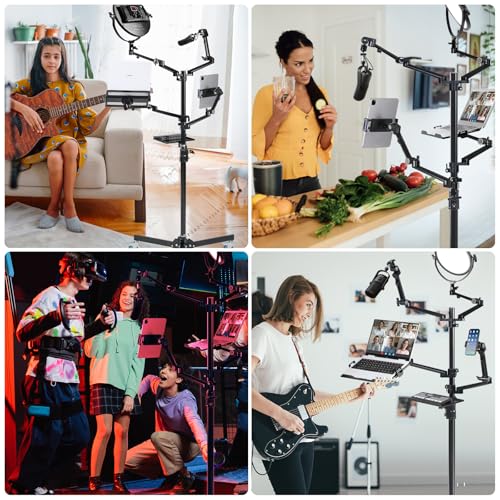 GVM 5-in-1 Movable Live Streaming Floor Stand Kit with Wheels, Overhead Camera Mount with 10" LED Key Light/Mic Boom Arm/Tablet Laptop Phone Stand/Tray for Live Broadcast Podcast Video Recording Game