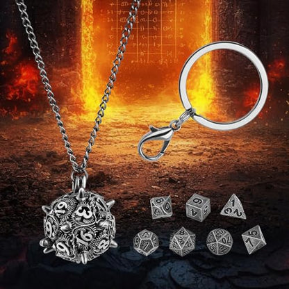 Mini DND Dice Set with D20 Spike Metal Cage Portable Keychain Necklace, Tiny 7pcs Polyhedral D&D Dice Set, DND Gifts with Gift Box, D&D Accessories for RPG, Dark Silver - color: Dark Silver