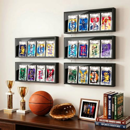 MoKo Card Display Case, 3-Pack Wall Mount for 12 Graded Cards | Clear acrylic and pine trading card display case with side access; use each case alone or combine as a graded card display - color: Black