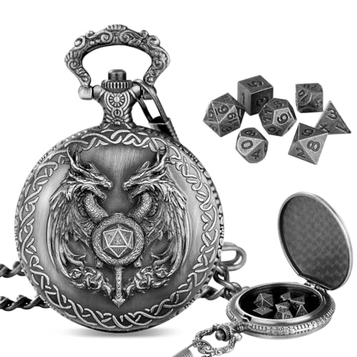 Mini DND Dice Set with Wand and Double Dragon Head Pocket Watch Shell Case, DND Starter Set, 7pcs Polyhedral Mini Metal Dice Set, D&D Gifts with Gift Bag, Role Playing Board Game Accessories, Silver - color: Dark Silver