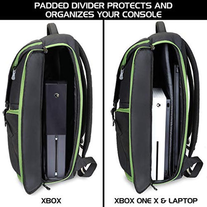 ENHANCE Xbox Backpack - Xbox Carrying Case Compatible with Series S, One X, One S - Storage Compartments for Controllers, Gaming Headset, Games & More Gaming Accessories - Green