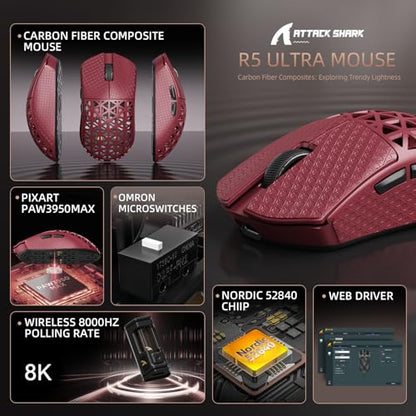 ATTACK SHARK R5Ultra 8K Carbon Fiber Wireless Gaming Mouse, Red&Tape | 42K DPI,PAW3950 MAX Sensor,39g Ultra-Lightweight,Nordic 52840 MCU Chip,Wired/BT/2.4GHz Wireless Programmable Mouse for PC/Mac - color: Red&Griptape