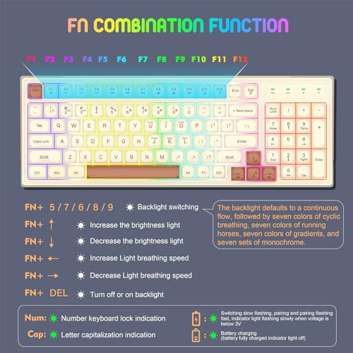 KOLMAX BK98 Wireless Gaming Keyboard, Dual Mode 2.4G/Bluetooth Gaming Keyboard,RGB Backlit Ergonomic 98 Keys PBT Mechanical Feeling Wireless Keyboard for Office Windows Mac PC Gamer(Retro Brown) - color: Retro Brown