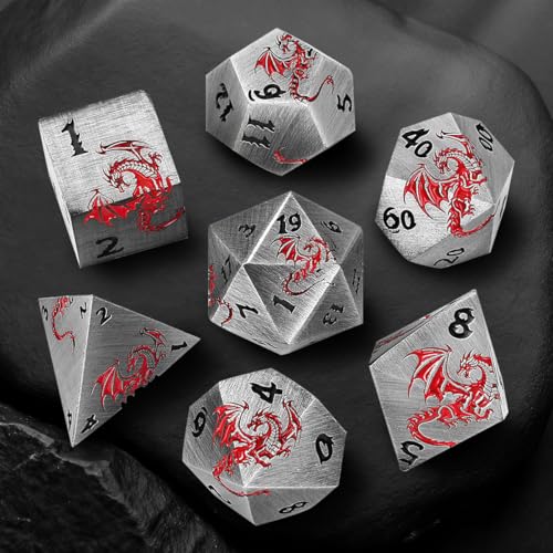 Metal Dice Set, Flat Face Design Dragon Pattern, 7pcs Polyhedral Metal DND Dice Set, DND Starter Set, D&D Gifts with Gift Box, Role Playing Board Games Accessories, Silver - color: Silver