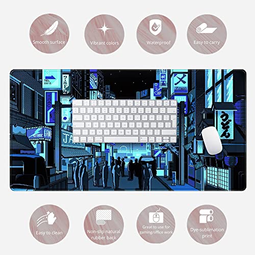 Japanese Gaming Arcade Blue Large Gaming Mouse Pad Keyboard Desk Pad Extended Mouse Pad Gaming Office Decor, Pc Laptop Mouse Pads Large (31.5x15.7 in) with Stitched Eges Non-Slip Base Mousepad XXL - color: Pixel Game Scenery