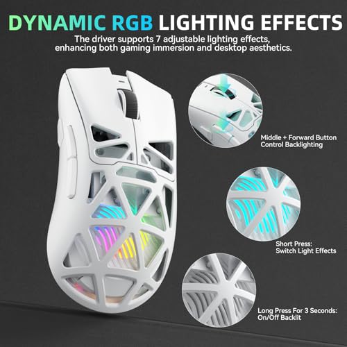 Aula SC620 Wireless Gaming Mouse, Tri-Mode 2.4GHz/USB-C/BT5.3 Computer Mouse with 12000 DPI, Programmable Macro Gamer Mouse with Rapid Fire Key, RGB Light White Gaming Mice for PC/Laptop/Mac - color: White