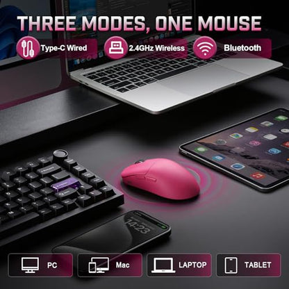 YUNZII M1 PAW3311 Sensor Wireless Gaming Mouse (Pink) | 7-Level DPI Adjustment Up to 10000 DPI, Stable 1000Hz polling rate, 60g Lightweight Design, Easy Software for Win & Mac - color: Pink