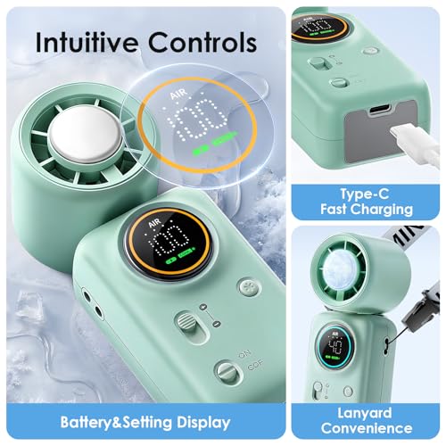 FurBall 4-IN-1 Portable Handheld Fan with Ice Cooling, High-speed Turbo Power 100 Gear Adjustable, LED Display, 6000mAh Rechargeable Battery, Foldable & Quiet Personal Fan for Travel, Office, Outdoor - color: Mint Green