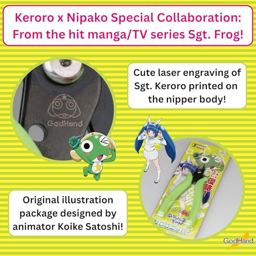 GodHand Keroro Plastic Model Nipper PN-125-KR with Sharp Thin Dual Blades, Ergonomic Non-slip Grip, 3mm Sprue Cutter Hobby Nippers for Plastic Models, Miniatures, Gundam, Gunpla, Green