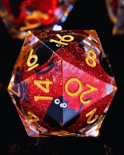 Froggod 싱글 리퀴드 코어 캣 D20 주사위 - DND, RPG, 테이블 탑 게임용 22mm 샤프 엣지 롤 플레잉 주사위 - 20면 레진 D&D 주사위, 캐스헤드 각인(레드) - color: 레드