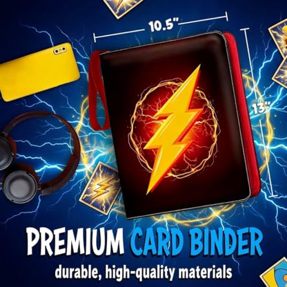 Trading Card Binder 9 Pocket – 900 Card Capacity, Zipper & Handle, PU Leather Album, 3-Ring Binder with 50 Sleeves for TCG Cards, Fits Stanrd Card size Custom Thunderbolth Design. - color: Black and Red, size: Large