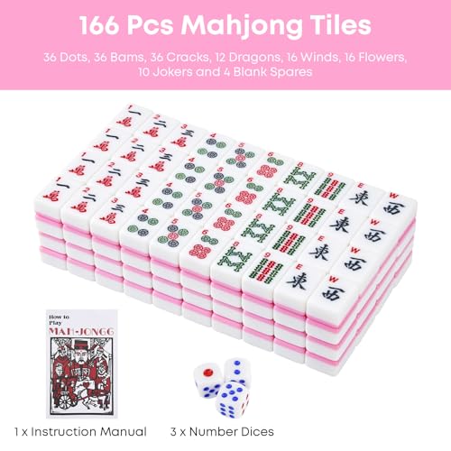 American Mahjong Tile Set, 166 Pcs 1.2" Mahjong Tiles with 3 Dices 1 Instruction, Mahjong Game Set for Adult Family & Friends Gatherings, Mahjong Lovers, Beginners (Pink) - color: Pink