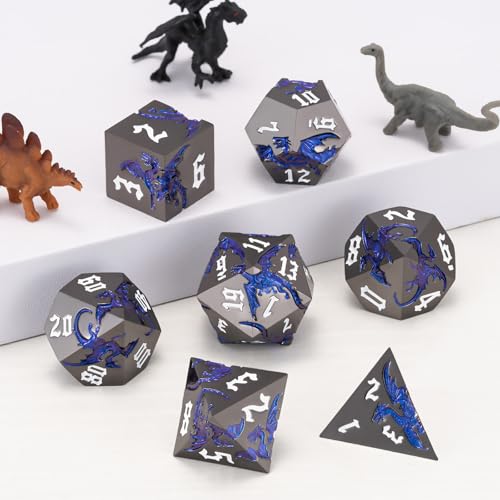Metal D&D Dragon Dice Set,Metallic DND Polyhedral Dice for Dungeons and Dragons RPG TTRPG D&D 7-Die Set with Gift Case - color: Dragon-pearl Gun Sapphire Blue