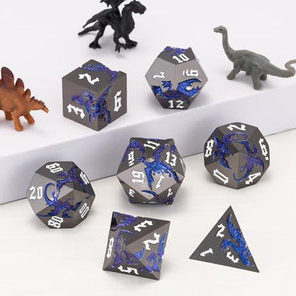 Metal D&D Dragon Dice Set,Metallic DND Polyhedral Dice for Dungeons and Dragons RPG TTRPG D&D 7-Die Set with Gift Case - color: Dragon-pearl Gun Sapphire Blue
