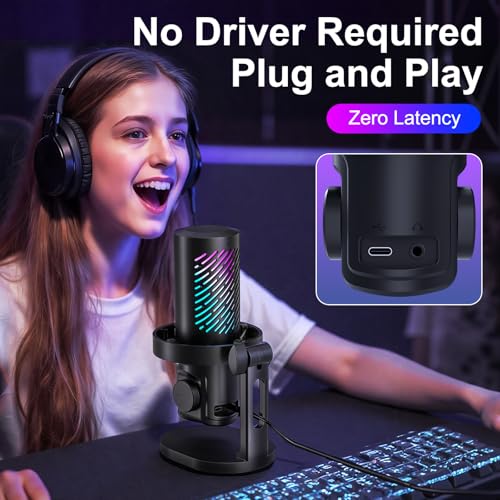 CG1 RGB Condenser Microphone Plug & Play, Noise Cancellation, Mute,Computer/Mic Monitoring Balance Adjustment, Headphone Jack, Desktop Stand for Gaming, Streaming, Podcasting, PC/Type-C Phones