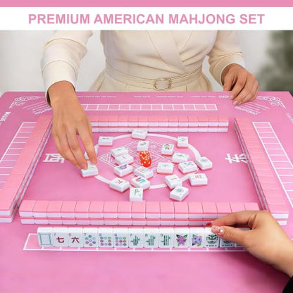 American Mahjong Tile Set - 168 Engraved Mah jongg Tiles Game Sets - Pink Complete Cute Mah Jong, Beautiful Pretty 1.2” Majong Only, 3D Carving Mahjongg with Bag and Dice Accessories (Pink) - color: Pink