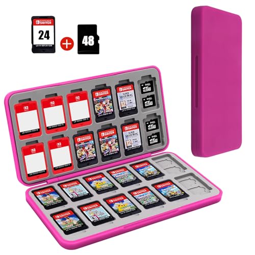 FYY Nintendo Switch Game Case Holder for Switch 2 Cartridge, Magenta | 24 Game Card Slots & 48 Micro SD Card Slots, Hard Shell, Silicone Lining - color: B-Magenta