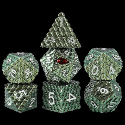 7pcs Dragon Scale Dice Set,Dragon Eye Metal Dice with Gift Metal Box for TTRPG Tabletop Gaming,Dungeon Masters,RPG Adventures(Grass Green & Red Eye) - color: Grass Green & Red Eye