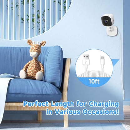 10ft/3M Long USB C Cable, Charging and Data Transfer, Durable USB A to USB C Power Charging Replacement Cord for Home Security Cameras, Phones, Switch Pro Controllers and More USB-C Devices-White - size: 10ft