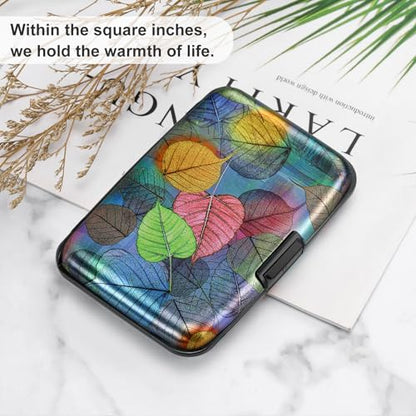 ELFISH Mini RFID Aluminum Wallet Credit Cards Holder Business Card Case Metal ID Case for Men Women（Colorful Leaves - color: Colorful Leaves