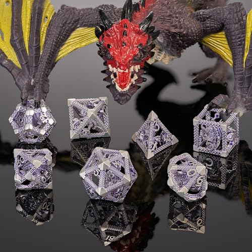DND Dice, HNCCESG Purple White Dragon Hollow Metal Polyhedral Dice Set for Dungeons and Dragons Dice RPG MTG Table Board Games (Purple White Dragon) - color: Purple White Dragon