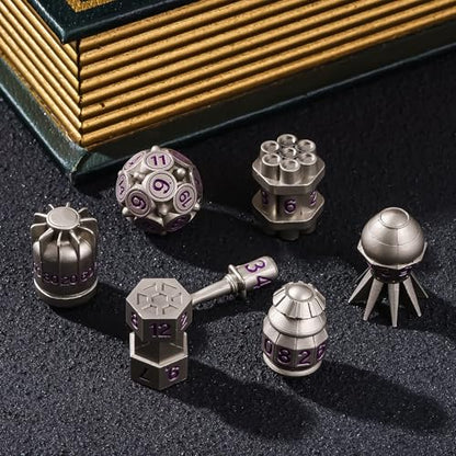 UDIXI Metal DND Dice Set 7PCS Nickel RPG Polyhedral Metal D&D Dice Set | Bomb Shape, Purple Numbers, Solid Metal, Cool Design, Leather Pouch Pakaging, for Dungeons and Dragons Role Playing Games - color: Nickel Purple