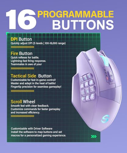 UtechSmart Venus Pro Wireless MMO Gaming Mouse, 16,000 DPI Optical Sensor, Wired/Wireless Dual Modes, 16M Chroma RGB Lighting, 16 Programmable Buttons, Ergonomic Design, Up to 70H, Purple - color: Purple