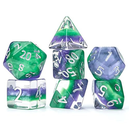 and Dice: Eclipse Dice: Joker - 7pc RPG Set, Purple & Green Swirled in Clear Resin, Batman Villian, Dice for Role Playing Games