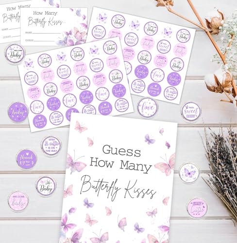 Butterfly Kisses Baby Shower Game Set - Guess How Many Kisses, 50 Cards, Standing Sign, 180 Stickers - color: Butterfly 01