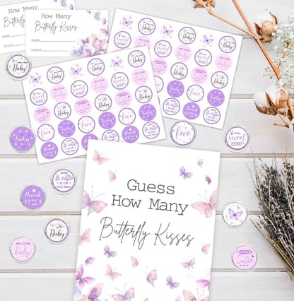 Butterfly Kisses Baby Shower Game Set - Guess How Many Kisses, 50 Cards, Standing Sign, 180 Stickers - color: Butterfly 01