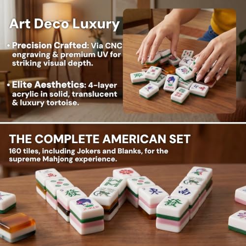 4 Layer Mahjong Tiles, 2026 Premium 160 Pcs Acrylic American Mahjong Tiles Set with Dice, Engraved Four Layer Mahjong Tile with Exquisite Carrying Bag, Home Trips Social Game (Mint Floral) - color: Mint Floral