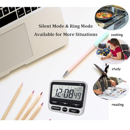 2-Pack Digital Dual Kitchen Timers with Magnet, 24-Hour Countdown & Stopwatch, Loud Alarm, 12/24H Clock, Calendar, Mute Mode, Visual Indicator, Batteries Included (Black)